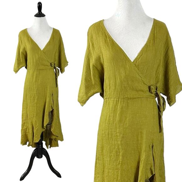 Vanessa Zani Italian Linen Olive Green Midi Dress Medium Ruffles Slit Bohemian - Picture 1 of 11